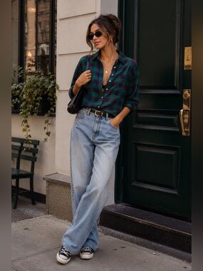 H&M Green and Navy Plaid Shirt